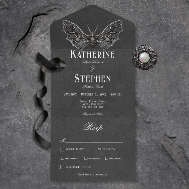 Invitation Tout En Un Gothique Moth Moody Dîner noir et blanc (Gothic Moth Moody Black & White All In One Wedding Invitation with Dinner Options)