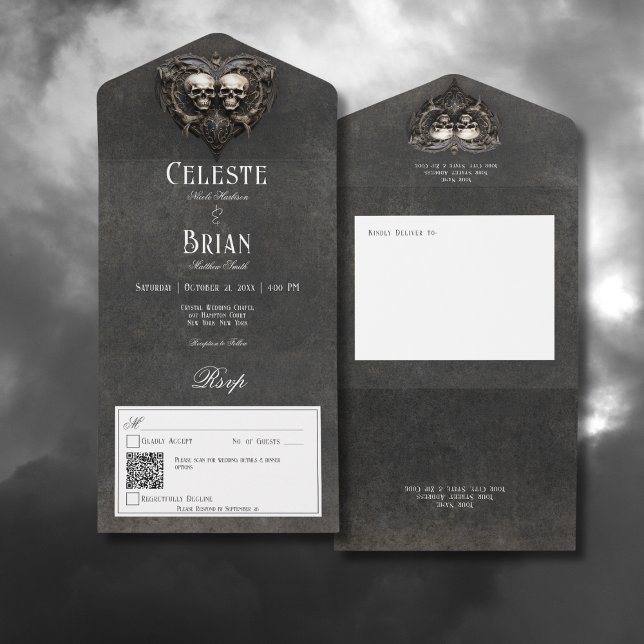 Invitation Tout En Un Gothique Noir & Blanc Skuls & Coeur QR Code (Gothic Black & White Skulls & Heart All In One Wedding Invitation with QR Code)