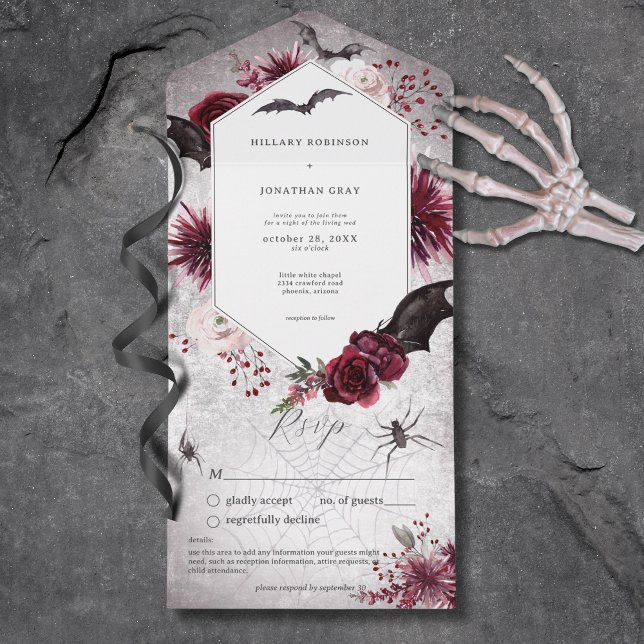 Invitation Tout En Un Gothique Noir Bourgogne Halloween Hexagon Non Dîne (Gothic Black Burgundy Halloween Hexagon No Dinner All In One Invitation)