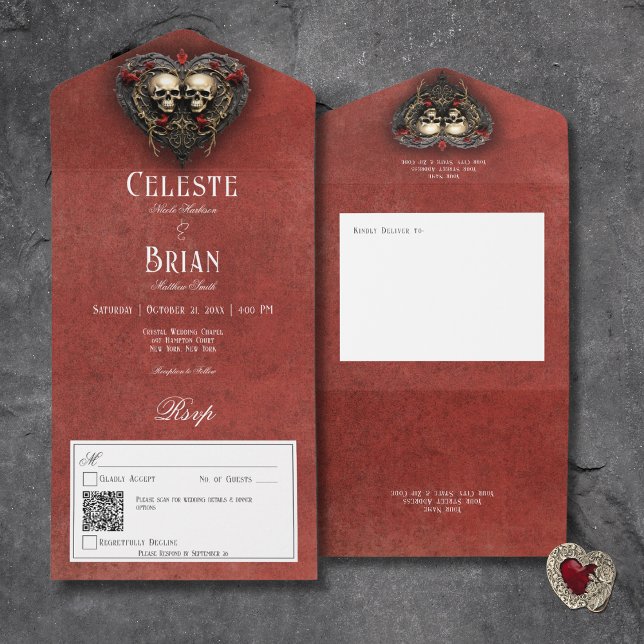 Invitation Tout En Un Gothique Noir & Rouge Skuls & Coeur Rouge QR Code (Gothic Black & Red Skulls & Heart Red All In One Wedding Invitation with QR Code)