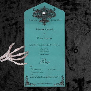 Invitation Tout En Un Gothique Noir & Turquoise Halloween Filigree No Di