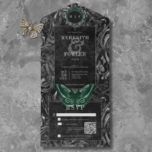 Invitation Tout En Un Gothique noir vert fibre Moth QR Code Mariage