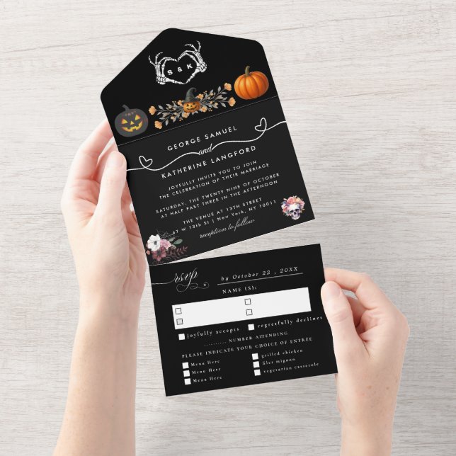 Invitation Tout En Un Gothique Romantique Squelette main Halloween Maria (Déchirure)