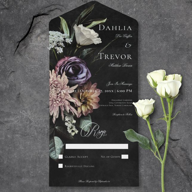 Invitation Tout En Un Gothique Sombre Mystérieux Floral Muté Sans Dîner (Dark Gothic Mysterious Muted Floral No Dinner All In One Invitation)