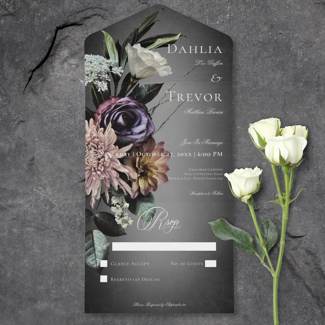 Invitation Tout En Un Gothique Sombre Mystérieux Flou Muté Pas De Dîner (Dark Gothic Mysterious Muted Floral Blur No Dinner All In One Invitation)