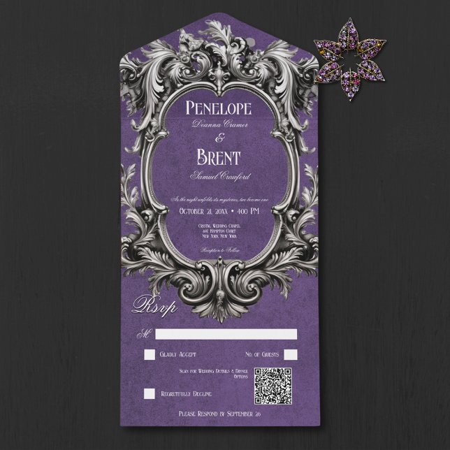 Invitation Tout En Un Gothique violet Moody Victorian Frame QR Code (Gothic Purple Moody Victorian Frame QR Code All In One Wedding Invitation)