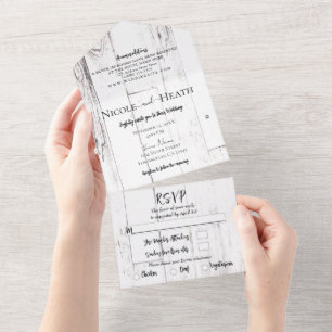 Invitation Tout En Un Grange en bois blanc de la ferme Barn Wedding