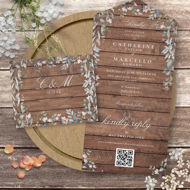 Invitation Tout En Un Grange rustique Bois Floral Verdure QR Code Mariag (Rustic Barn Wood Floral Greenery QR Code Wedding A All In One Invitation)