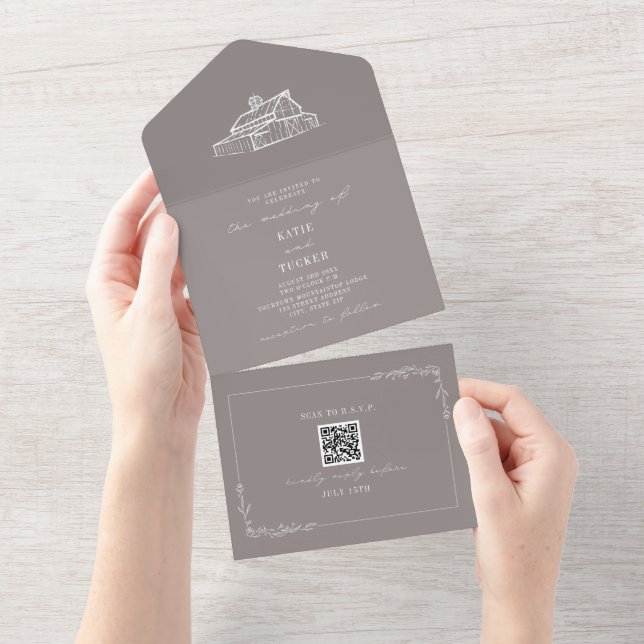 Invitation Tout En Un Grange Rustique Mariage agricole Amethyst Grey QR (Déchirure)