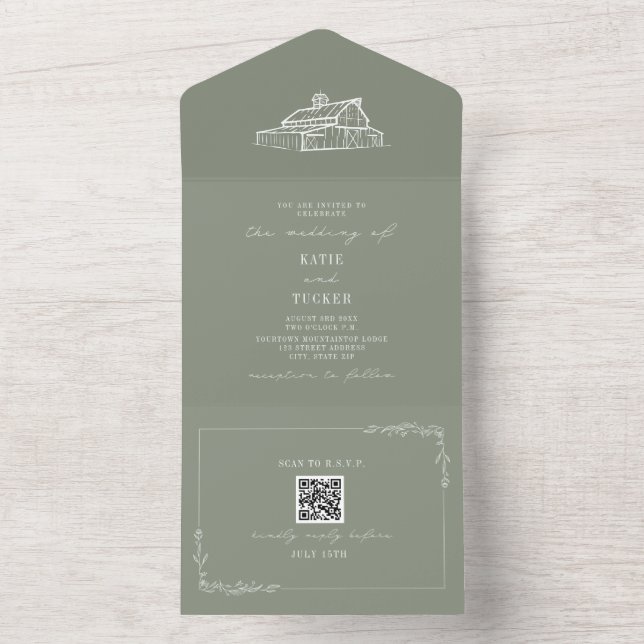 Invitation Tout En Un Grange Rustique Mariage agricole Sage Green QR (À l'intérieur)
