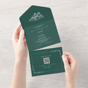 Invitation Tout En Un Grange Rustique Mariage de ferme Emerald QR