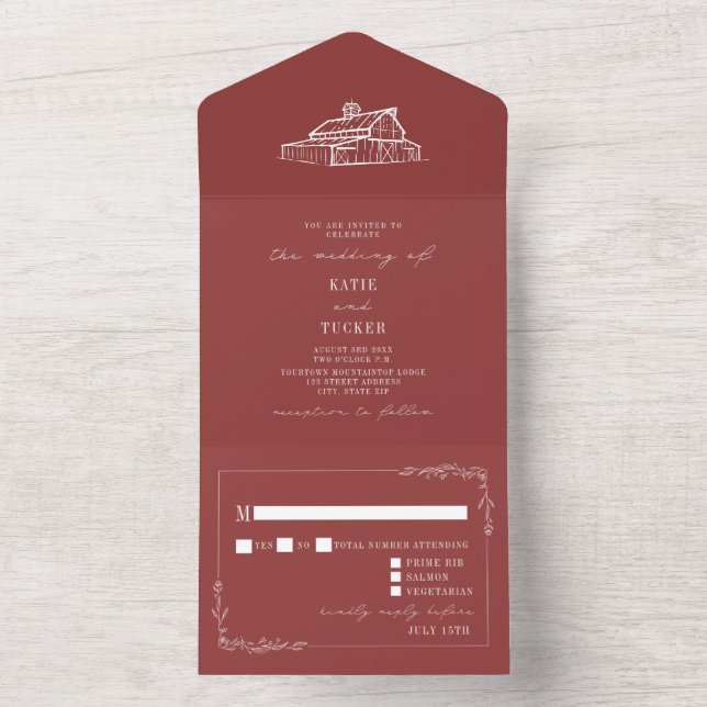Invitation Tout En Un Grange Rustique Muted Red Farm Wedding RSVP (À l'intérieur)
