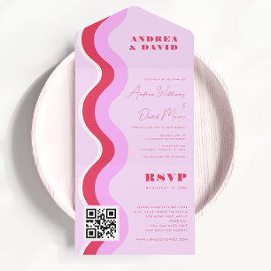 Invitation Tout En Un Gras Retro Waves rose et rouge Code QR Mariage RSV
