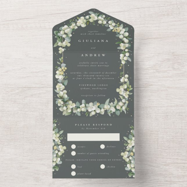 Invitation Tout En Un Gray Green Snowberry+Eucalyptus Mariage d'hiver (À l'intérieur)