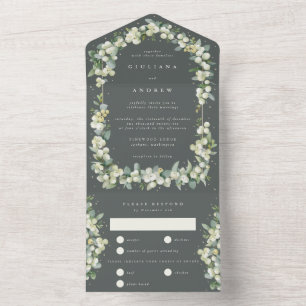 Invitation Tout En Un Gray Green Snowberry+Eucalyptus Mariage d'hiver