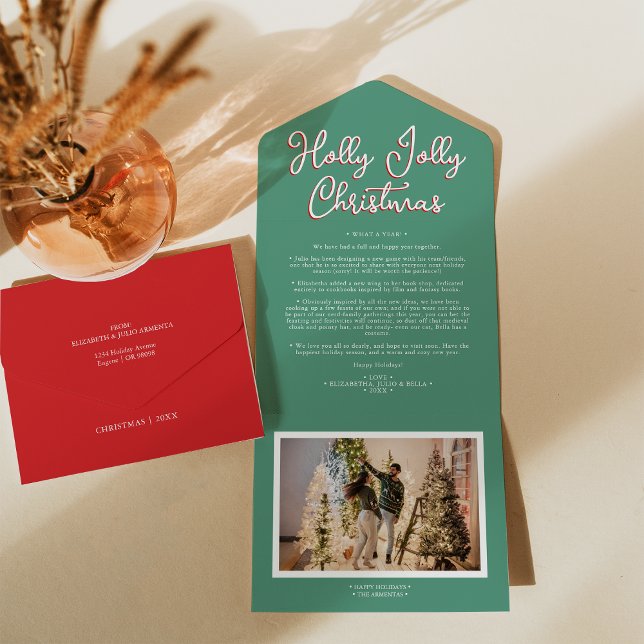 Invitation Tout En Un Green Holly Jolly Christmas Four Photo Family News (Créateur téléchargé)