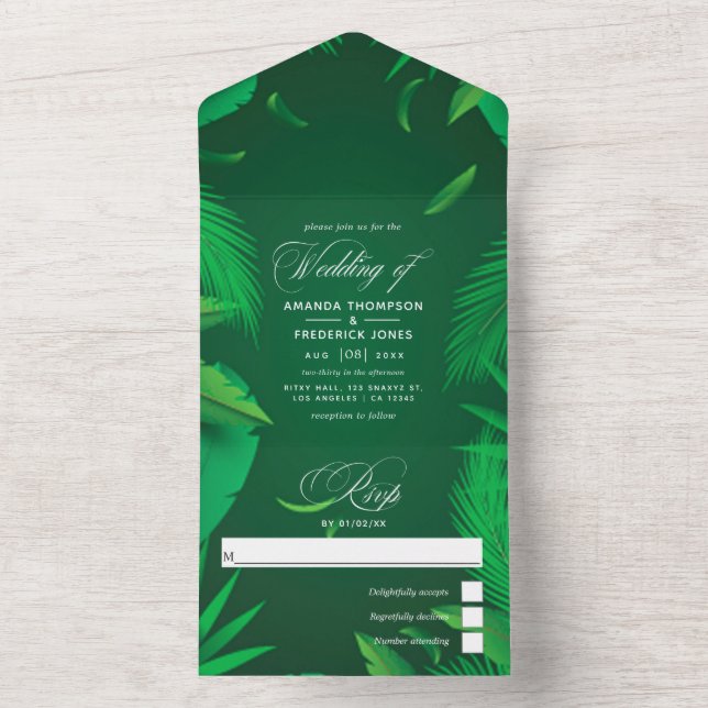 Invitation Tout En Un Green Tropical Feuille Mariage Tout en un (À l'intérieur)