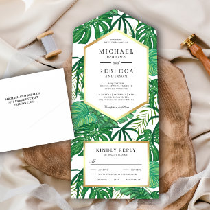 Invitation Tout En Un Green Tropical Monstera Palm Feuille Mariage