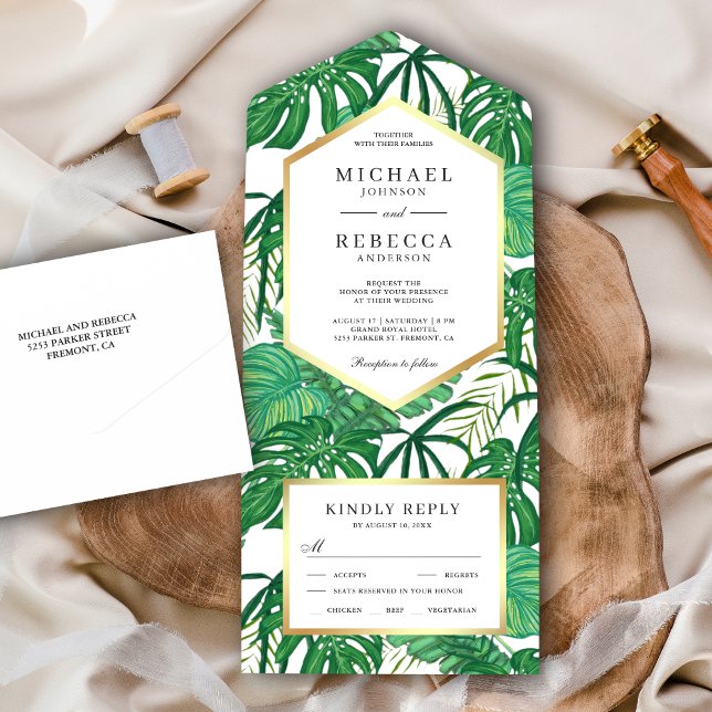 Invitation Tout En Un Green Tropical Monstera Palm Feuille Mariage (Créateur téléchargé)