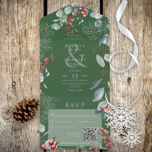 Invitation Tout En Un Green Winter Pine Berries Eucalyptus QR Code