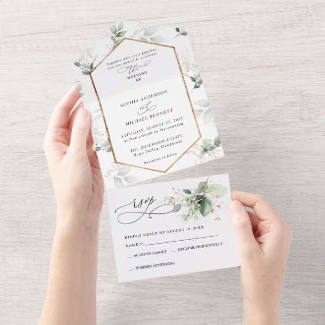 Invitation Tout En Un Greenery and Gold All-In-One (Déchirure)