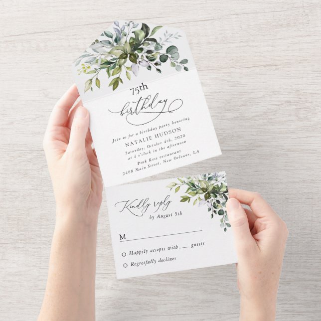 Invitation Tout En Un Greenery, Eucalyptus Leaves, Boho, Birthday (Déchirure)