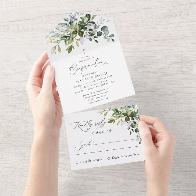 Invitation Tout En Un Greenery, Eucalyptus Leaves, Boho, Confirmation (Déchirure)