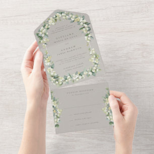 Invitation Tout En Un Greige Snowberry+Eucalyptus Réception de mariage u