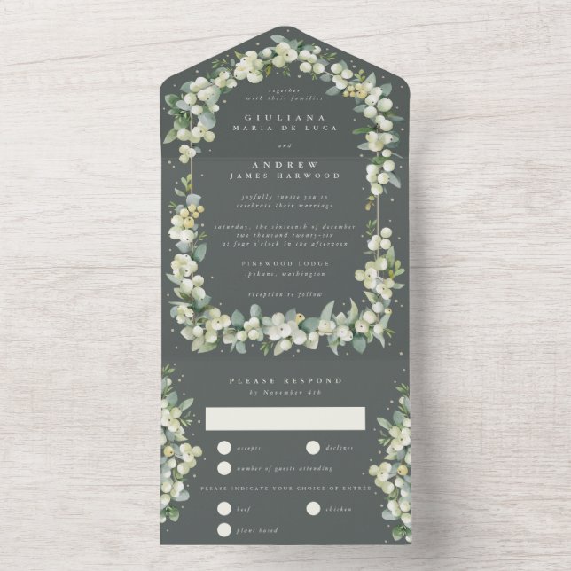 Invitation Tout En Un Grey Green Snowberry + Eucalyptus Mariage (À l'intérieur)