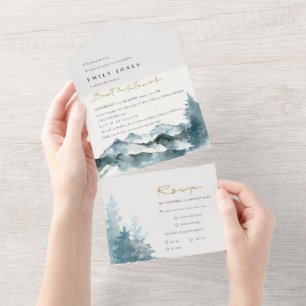 Invitation Tout En Un Gris Blush Green Blue Mountains Pine Bat mitzvah