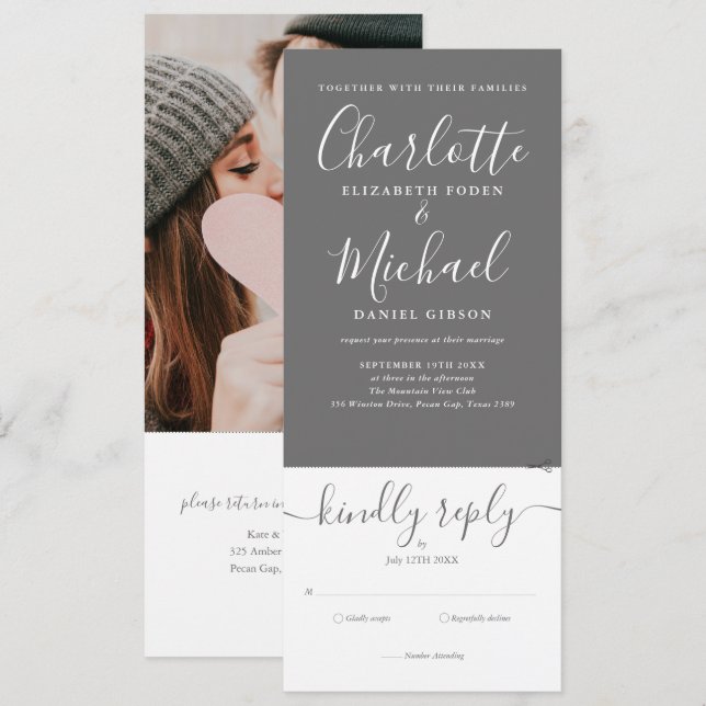 Invitation Tout En Un Gris Et Blanc Script Photo Mariage (Devant / Derrière)