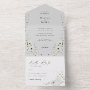 Invitation Tout En Un Gris RSVP détachable Mariage minimaliste