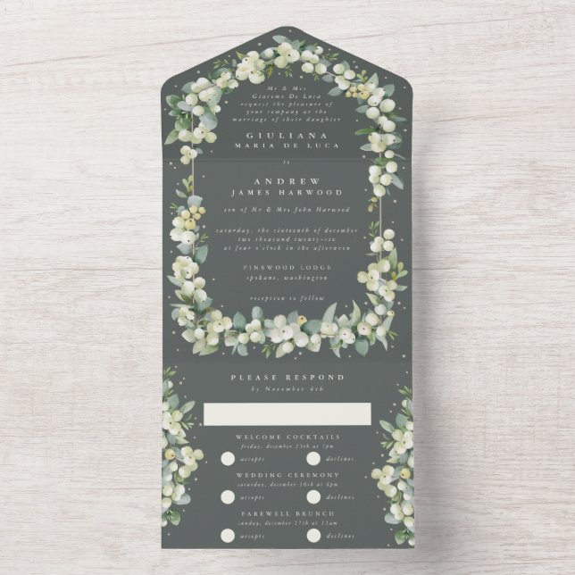 Invitation Tout En Un Gris vert Formel Snowberry+Eucalyptus Mariage (À l'intérieur)