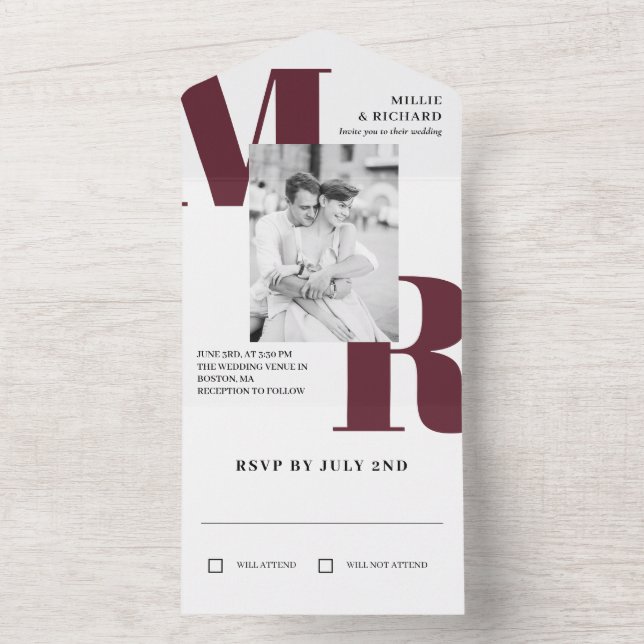 Invitation Tout En Un Gros Initiales Marsala Typographie Mariage photo (À l'intérieur)