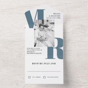 Invitation Tout En Un Grosse ardoise Bleu Initiales Typographie Mariage 