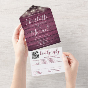 Invitation Tout En Un Guirlande de lumières en bois rouge rustique avec