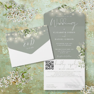 Invitation Tout En Un Guirlande de lumières florales vert sauge Code QR