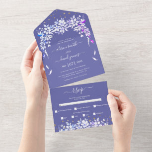 Invitation Tout En Un Guirlande fleurie blanche perwinkle bleu mariage