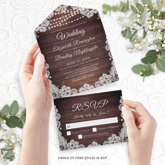 Invitation Tout En Un Guirlande Lumineuse en Bois Rustique et Dentelle B (Créateur téléchargé)