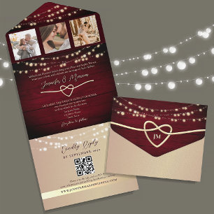 Invitation Tout En Un Guirlande Lumineuse Or et Bourgogne Mariage