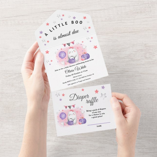 Invitation Tout En Un Halloween Little Boo Baby shower rose et violet (Déchirure)