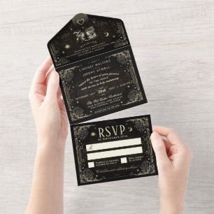 Invitation Tout En Un Halloween Tarot Noir & Or Mariage Tout en un I
