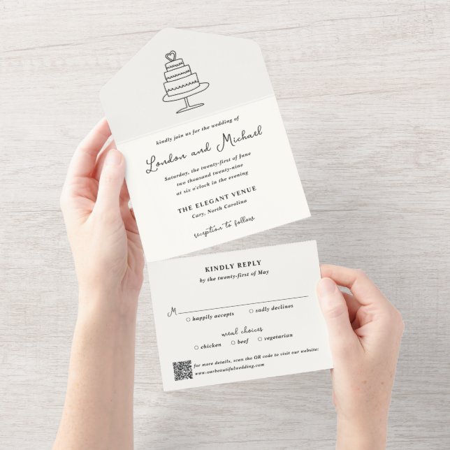 Invitation Tout En Un Hand Drawn Cake Doodle QR Code Modern Wedding (Déchirure)