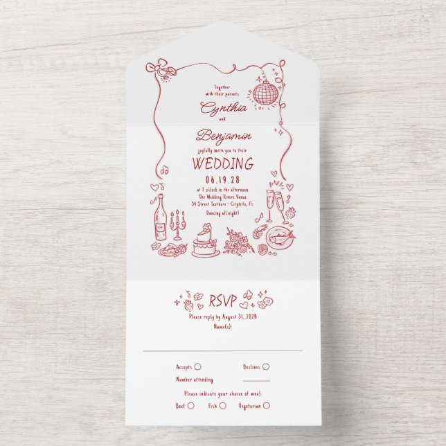 Invitation Tout En Un Hand Drawn Doodles Funky Quirky Modern Wedding (À l'intérieur)