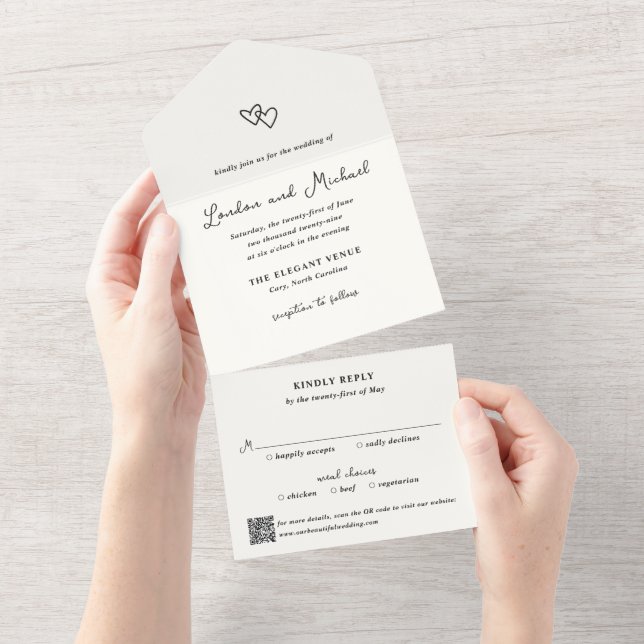 Invitation Tout En Un Hand Drawn Hearts Doodle QR Code Modern Wedding (Déchirure)