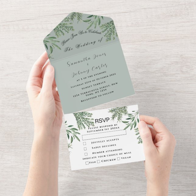 Invitation Tout En Un Herbes Aquarelle Vert Sage Vert Mariage de thym (Déchirure)