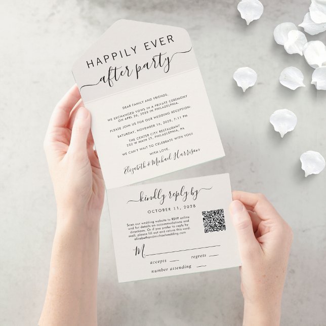 Invitation Tout En Un Heureusement Jamais après QR Code Cream Réception  (An chic Happily Ever After Party all-in-one invitation for your wedding celebration)