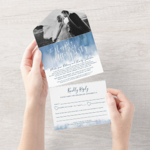Invitation Tout En Un Heureux jamais après mariage photo bleu gris