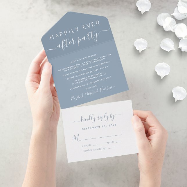 Invitation Tout En Un Heureux mariage poussiéreux bleu réception de mari (An chic Happily Ever After Party all-in-one invitation for your wedding celebration)