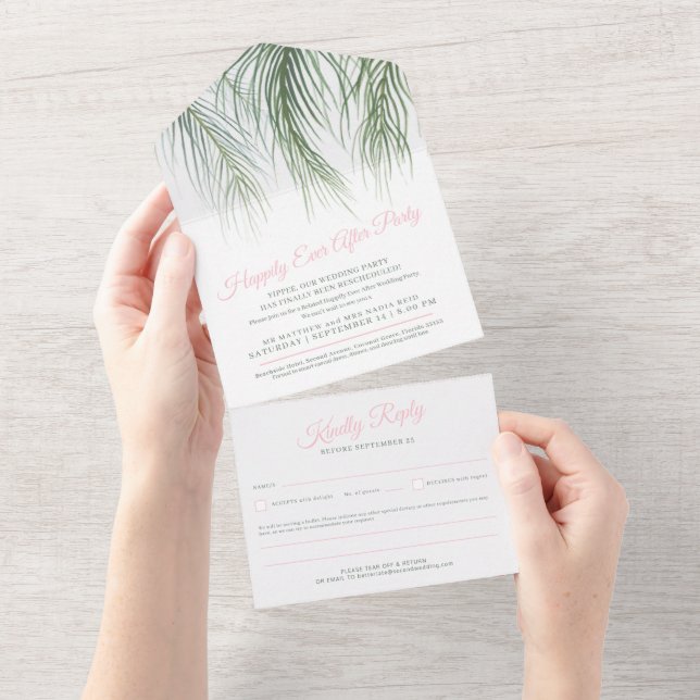 Invitation Tout En Un Heureux toujours après mariage palm rose blanc ver (Déchirure)
